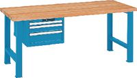 LISTA Werkbank  mit Buchenplatte und Schubladenschrank 27x36E 50, 100, 150 1500 x 800 x 850 mm / blau RAL 5012 - toolster.ch