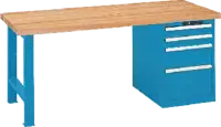 LISTA Etabli  avec plateau en hêtre avec armoire à tiroirs 27x36E 2x100, 200, 300 1500 x 800 x 850 mm / bleu RAL 5012 - toolster.ch