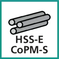aus HSS-E CoPM-S (Schnellarbeitsstahl, enthält zusätzlich ca. 5 % bis 8 % Cobalt, Pulvermetallurgisch gesinterte Variante mit kontrolliertem Schwefelgehalt)